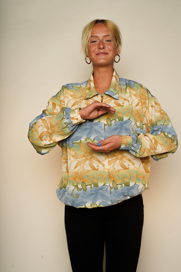 Beige Blue Floral Pattern Jacket L - VinoKilo.com