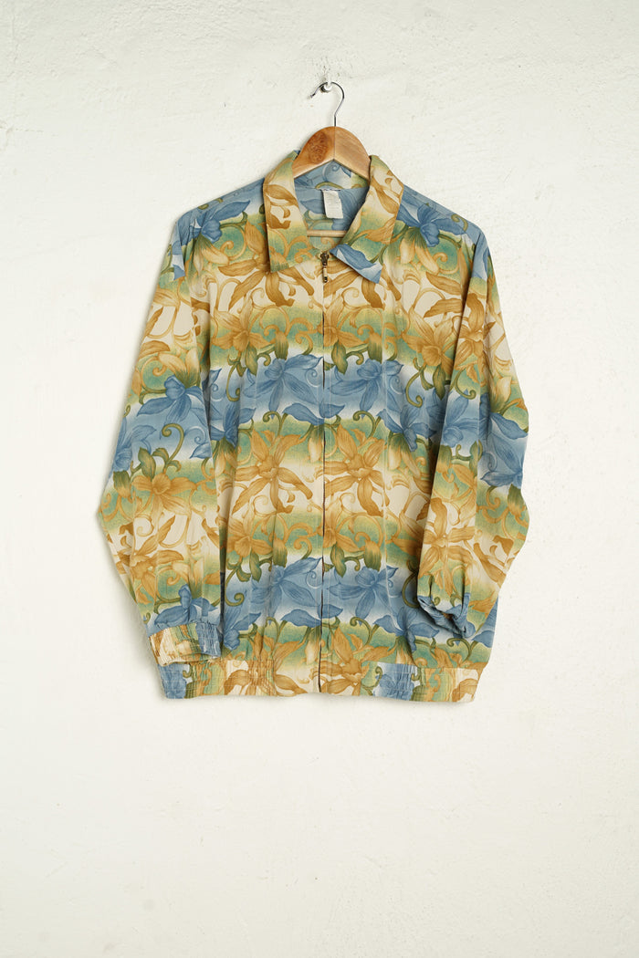 Beige Blue Floral Pattern Jacket L - VinoKilo.com