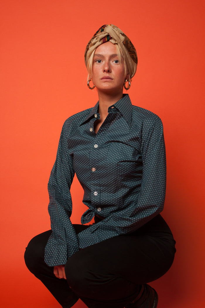 100% Cotton Petrol Shirt with White Dots 38 - VinoKilo.com